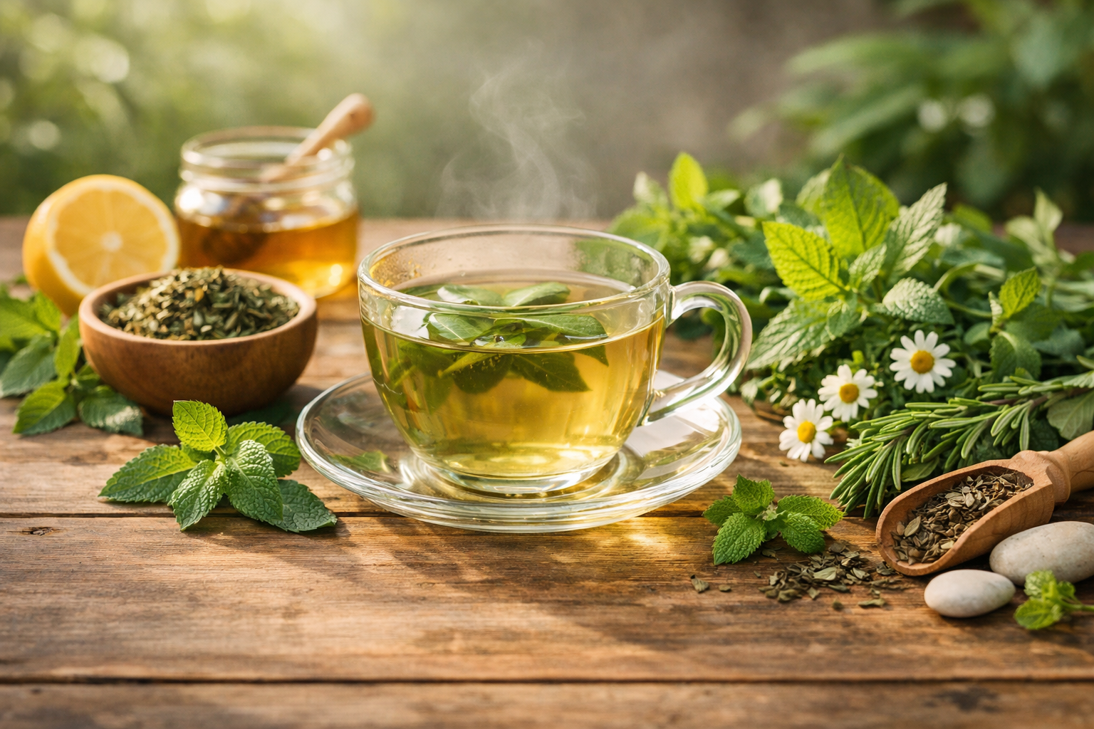 fresh green tea cup, natural herbs arrangement, wooden table, soft natural lighting, wellness concept, peaceful setting